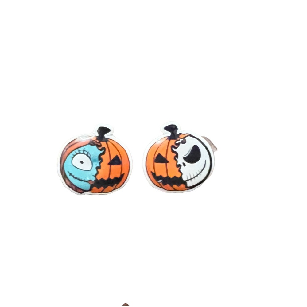 Jack and Sally, jack-o’-lantern, pumpkin stud earrings. New - Picture 3 of 11